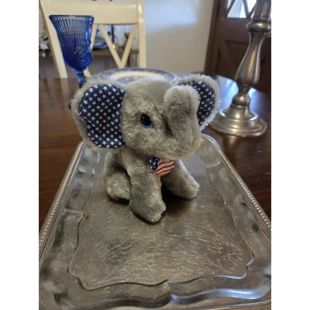 Vintage Dakin 1983 Plush Gray Elephant Red White Blue Stars Stripes